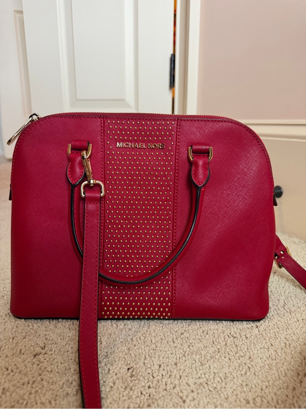 Michael Kors Red Saffiano Studded Dome Satchel